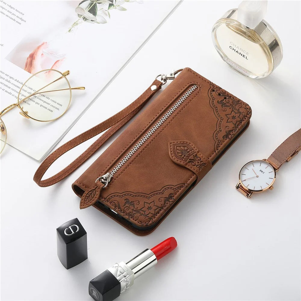For Nothing Phone (3a) Zipper Wallet Case with Strap Flower Imprint PU Leather Phone Cover - Brown - 7