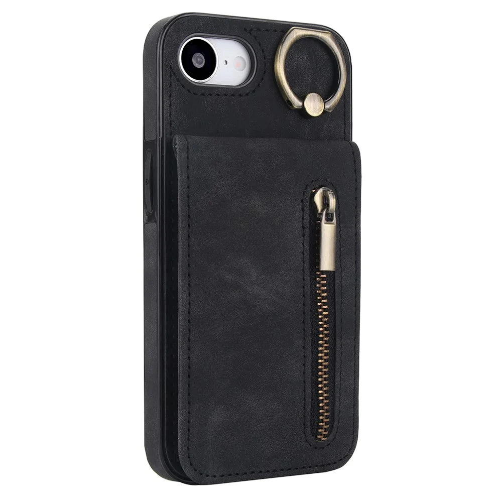 For iPhone 17e / 16e Case Zipper RFID Blocking Retro Leather + TPU Phone Cover with Kickstand - Black - 2