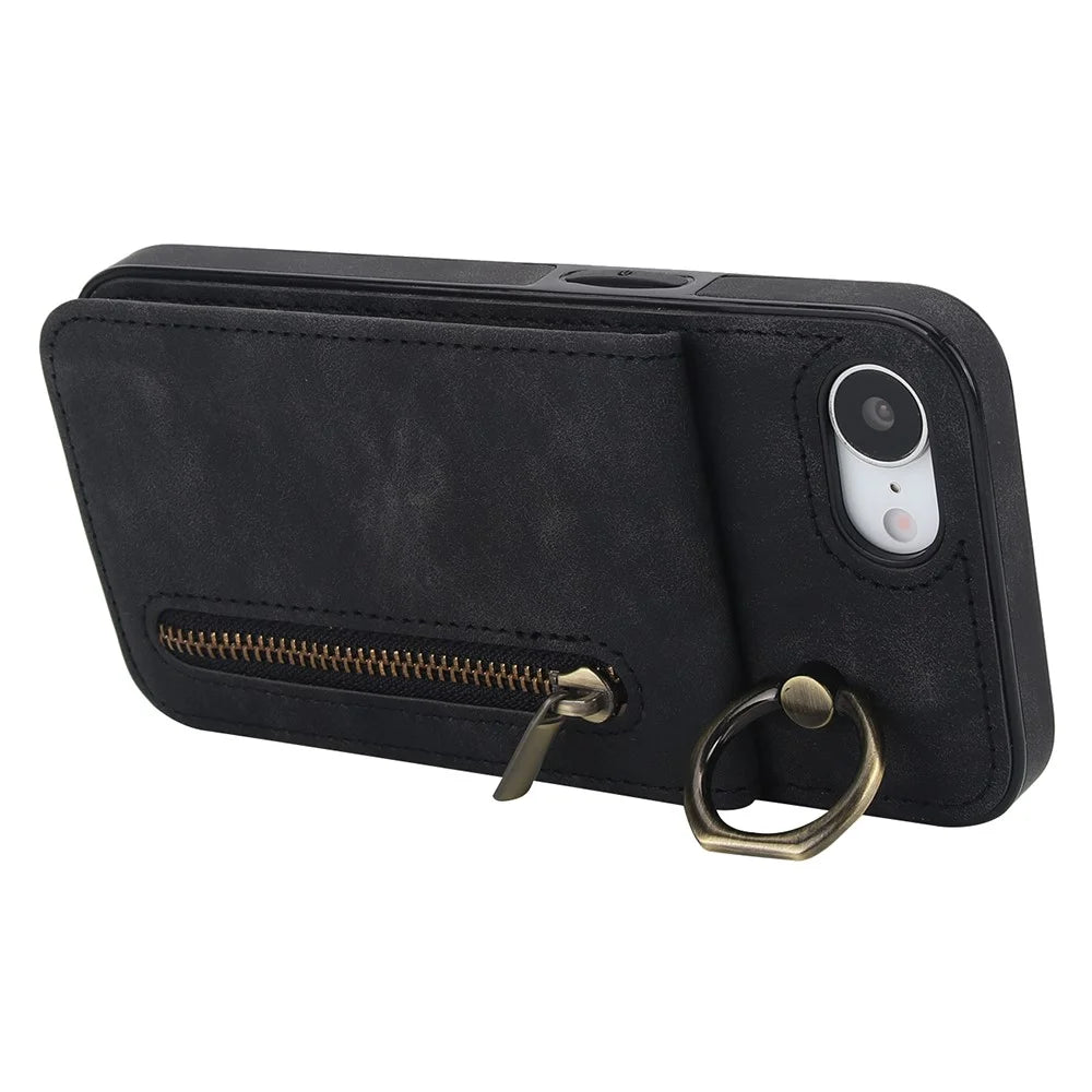 For iPhone 17e / 16e Case Zipper RFID Blocking Retro Leather + TPU Phone Cover with Kickstand - Black - 4