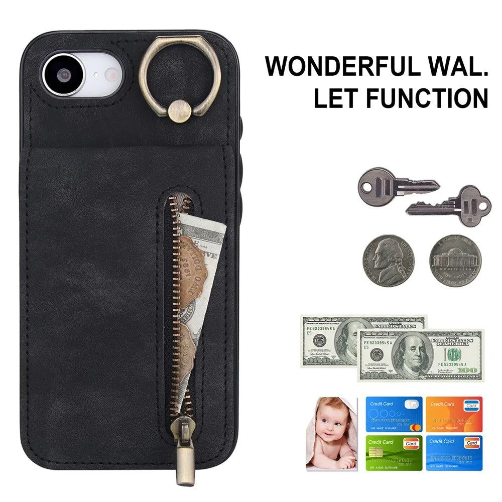 For iPhone 17e / 16e Case Zipper RFID Blocking Retro Leather + TPU Phone Cover with Kickstand - Black - 5