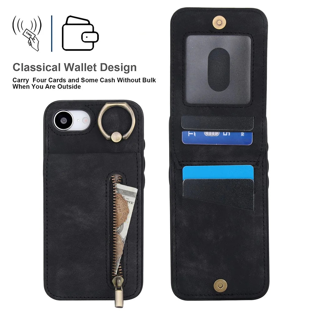 For iPhone 17e / 16e Case Zipper RFID Blocking Retro Leather + TPU Phone Cover with Kickstand - Black - 6