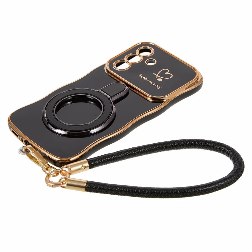 For Samsung Galaxy A56 5G  /  A36 5G Case Kickstand Electroplating Wave Frame Love Printing TPU Back Cover with Hand Strap - Black - 3
