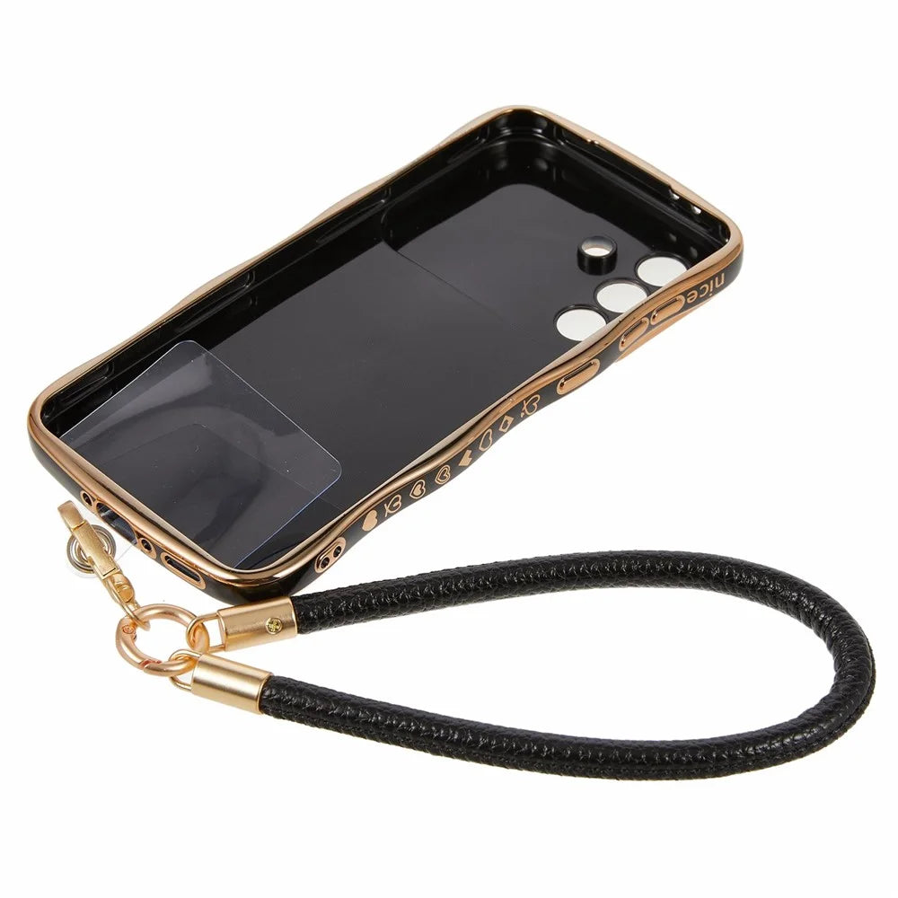 For Samsung Galaxy A56 5G  /  A36 5G Case Kickstand Electroplating Wave Frame Love Printing TPU Back Cover with Hand Strap - Black - 4