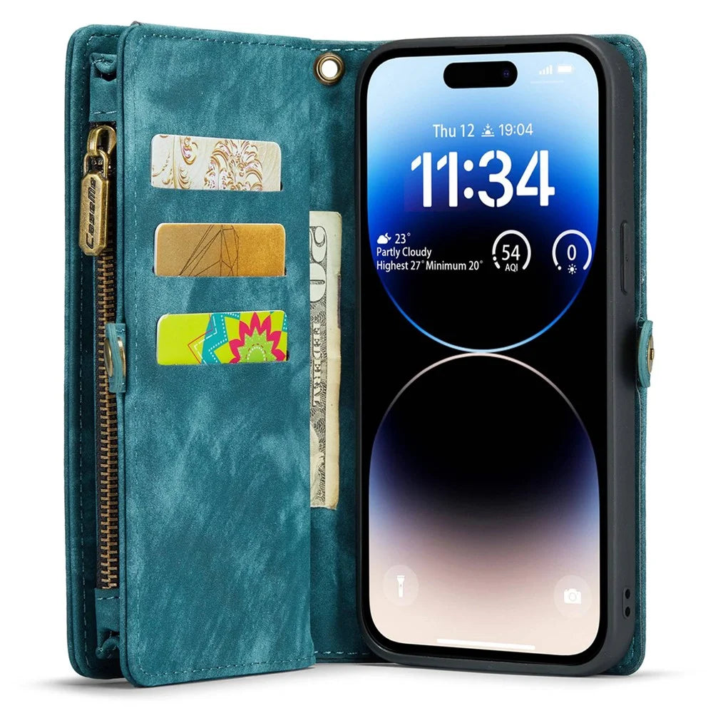CASEME 008 Series for iPhone 14 Pro Max Multi-Functional Detachable Magnetic Phone Case PU Leather Stand Zipper Pocket Wallet Cover with Strap - Blue - 2
