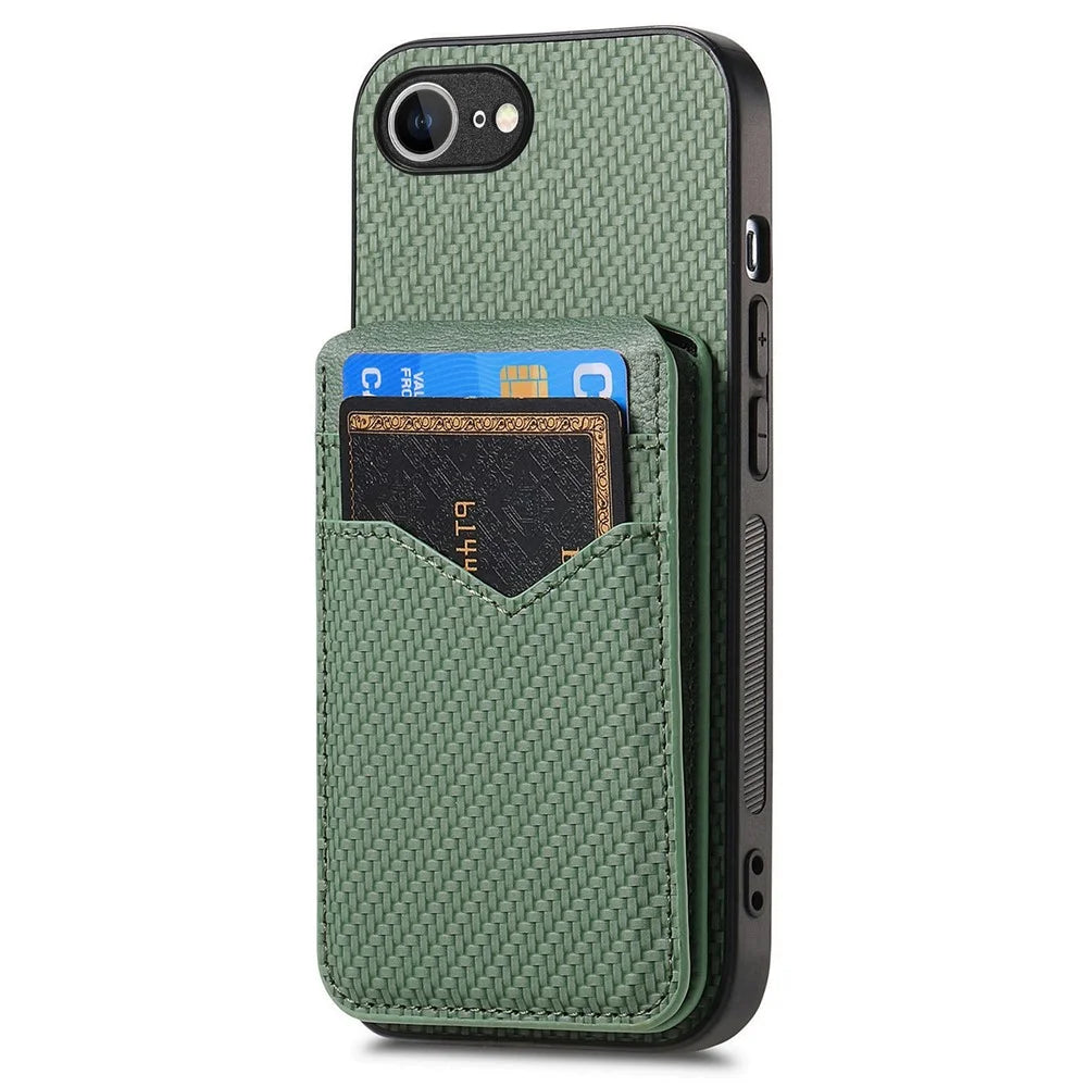For iPhone 17e / 16e Magnetic Case Carbon Fiber Texture Back Cover with Detachable Card Holder - Green - 2