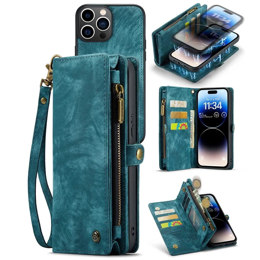 CASEME 008 Series for iPhone 14 Pro Multi-Functional PU Leather Flip Cover Detachable Magnetic Zipper Wallet Case with Stand Function - Blue - 1