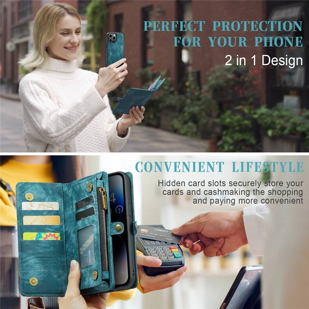 CASEME 008 Series for iPhone 14 Pro Multi-Functional PU Leather Flip Cover Detachable Magnetic Zipper Wallet Case with Stand Function - Blue - 4