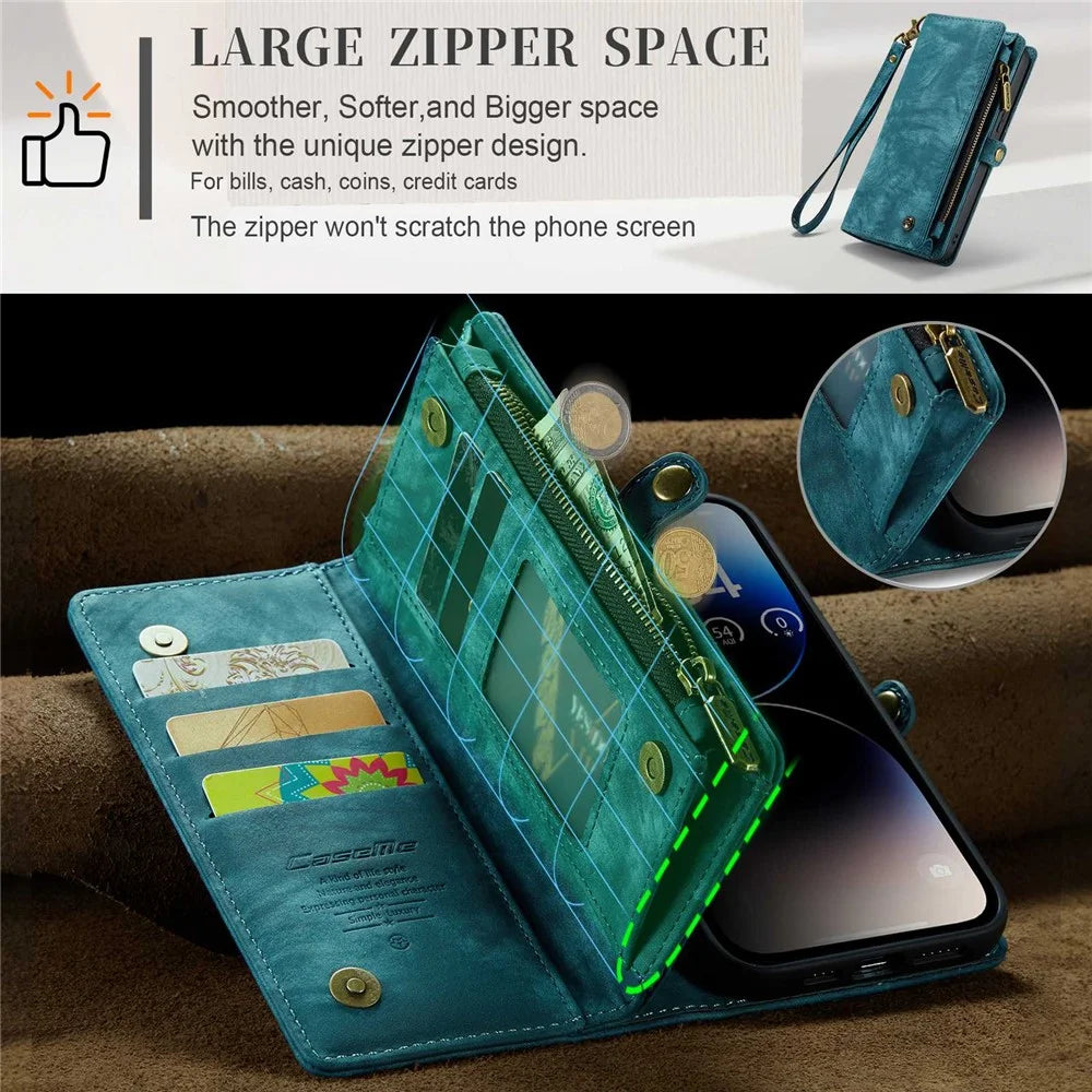 CASEME 008 Series for iPhone 14 Pro Multi-Functional PU Leather Flip Cover Detachable Magnetic Zipper Wallet Case with Stand Function - Blue - 5
