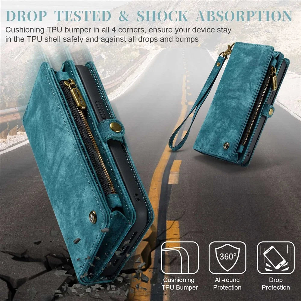 CASEME 008 Series for iPhone 14 Pro Multi-Functional PU Leather Flip Cover Detachable Magnetic Zipper Wallet Case with Stand Function - Blue - 6