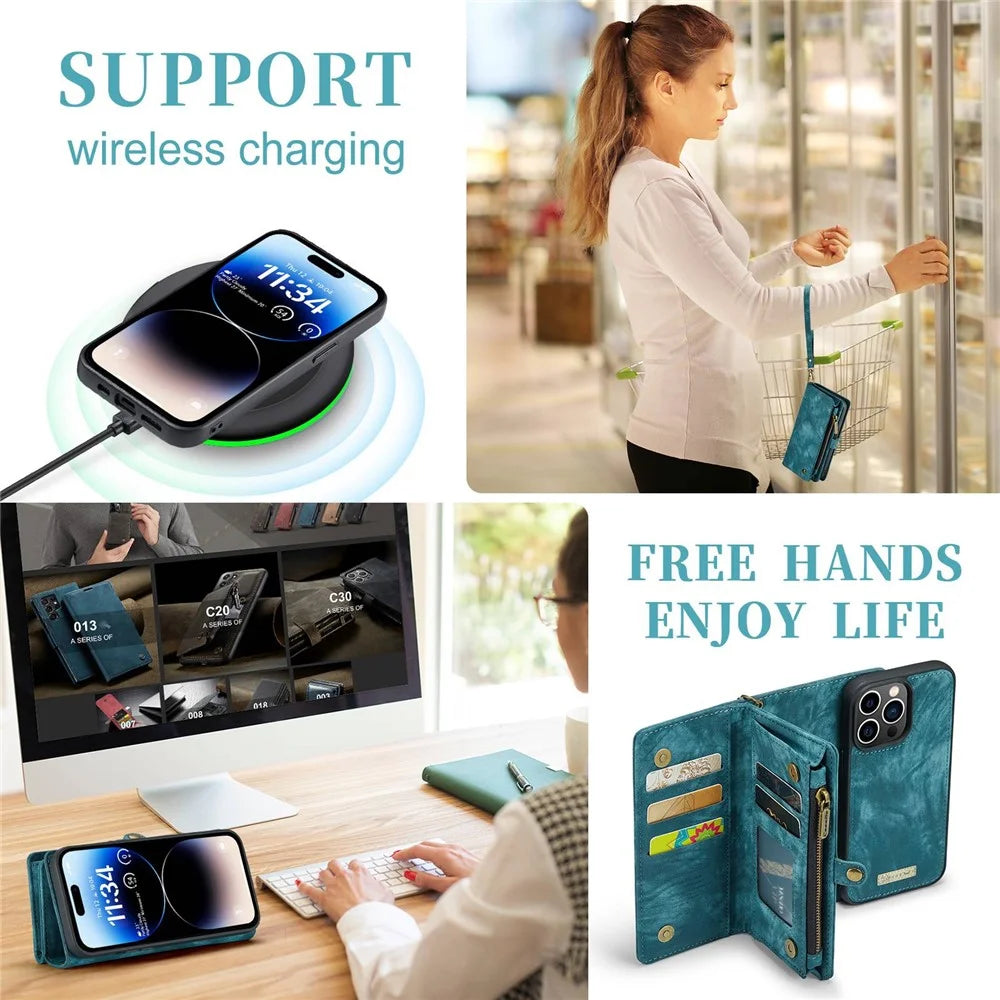 CASEME 008 Series for iPhone 14 Pro Multi-Functional PU Leather Flip Cover Detachable Magnetic Zipper Wallet Case with Stand Function - Blue - 7