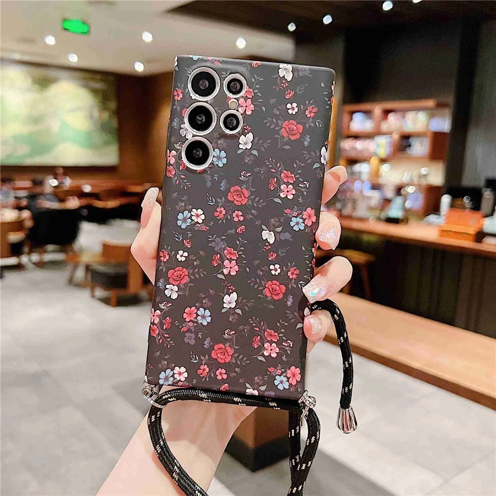 For Samsung Galaxy S22 Ultra 5G Flower Pattern Printed TPU Phone Back Case Anti-scratch Anti-drop Cover with Lanyard - B - 1