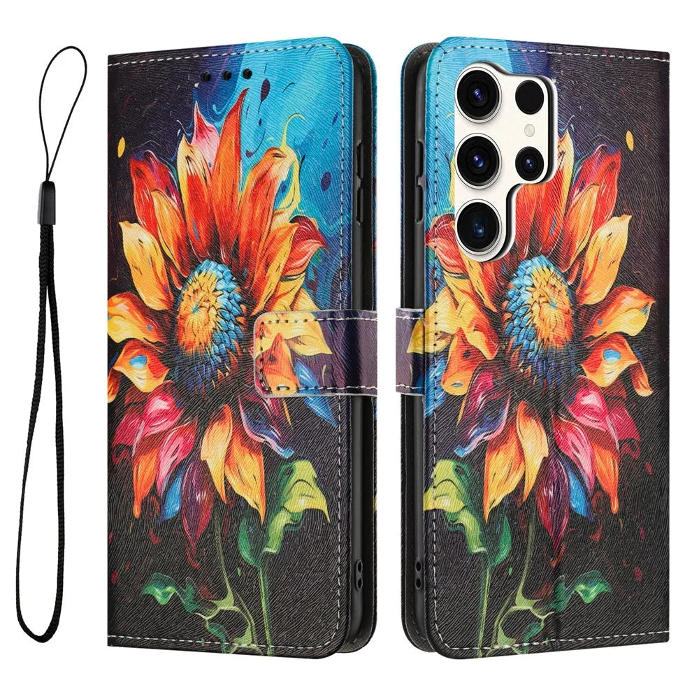 YX-2501 For Samsung Galaxy S25 Ultra Case Pattern Printing PU Leather Wallet Phone Cover with Lanyard - Sunflower - 1
