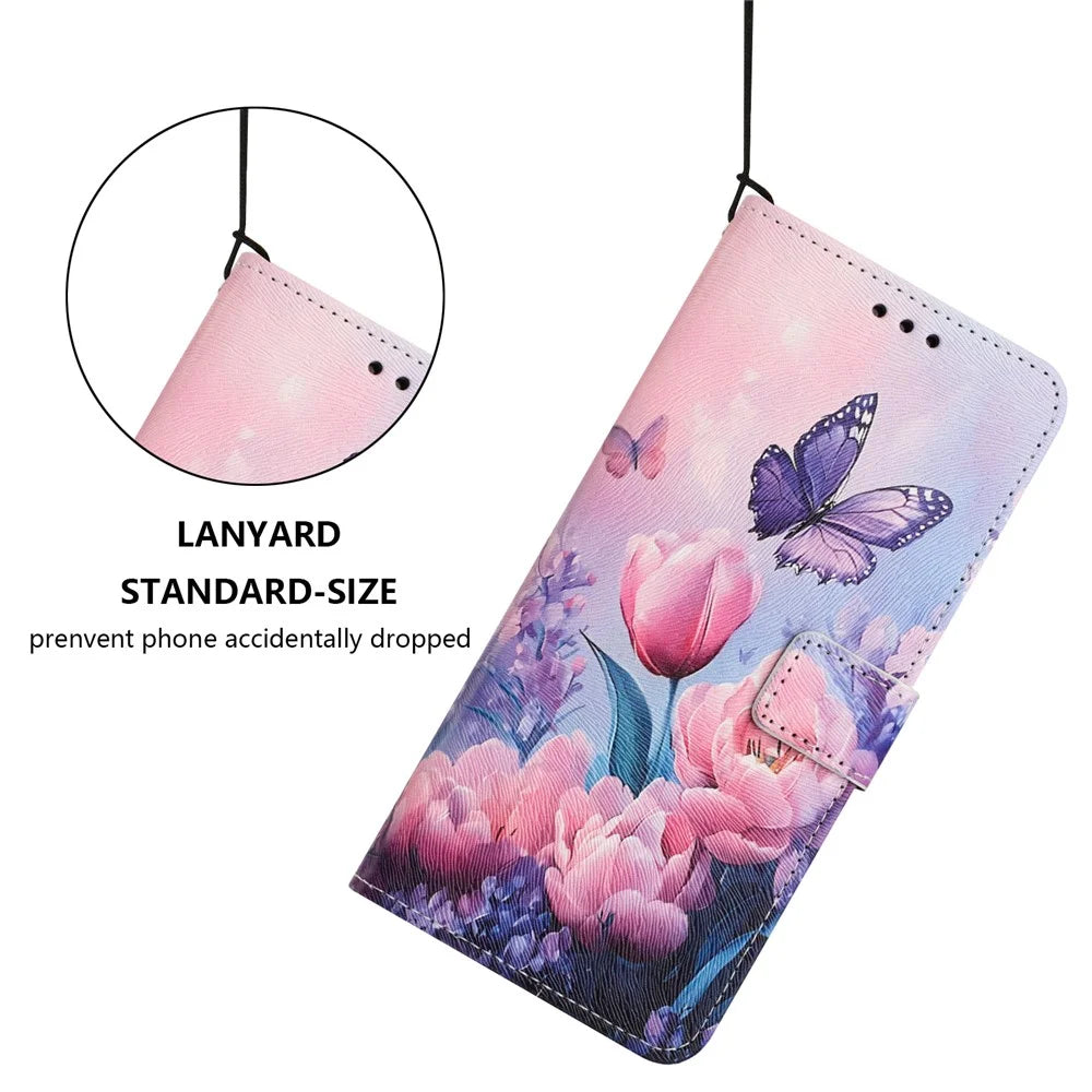 YX-2501 For Samsung Galaxy A36 5G Case Pattern Printing PU Leather Wallet Phone Cover with Lanyard - Pink Flower Butterfly - 4