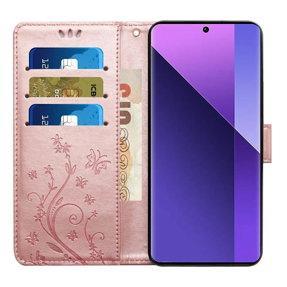 For Samsung Galaxy A25e Leather Wallet Case Butterfly Flower Imprinted Phone Cover with Strap - Rose Gold - 2