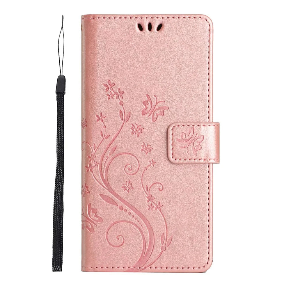 For Samsung Galaxy A25e Leather Wallet Case Butterfly Flower Imprinted Phone Cover with Strap - Rose Gold - 6