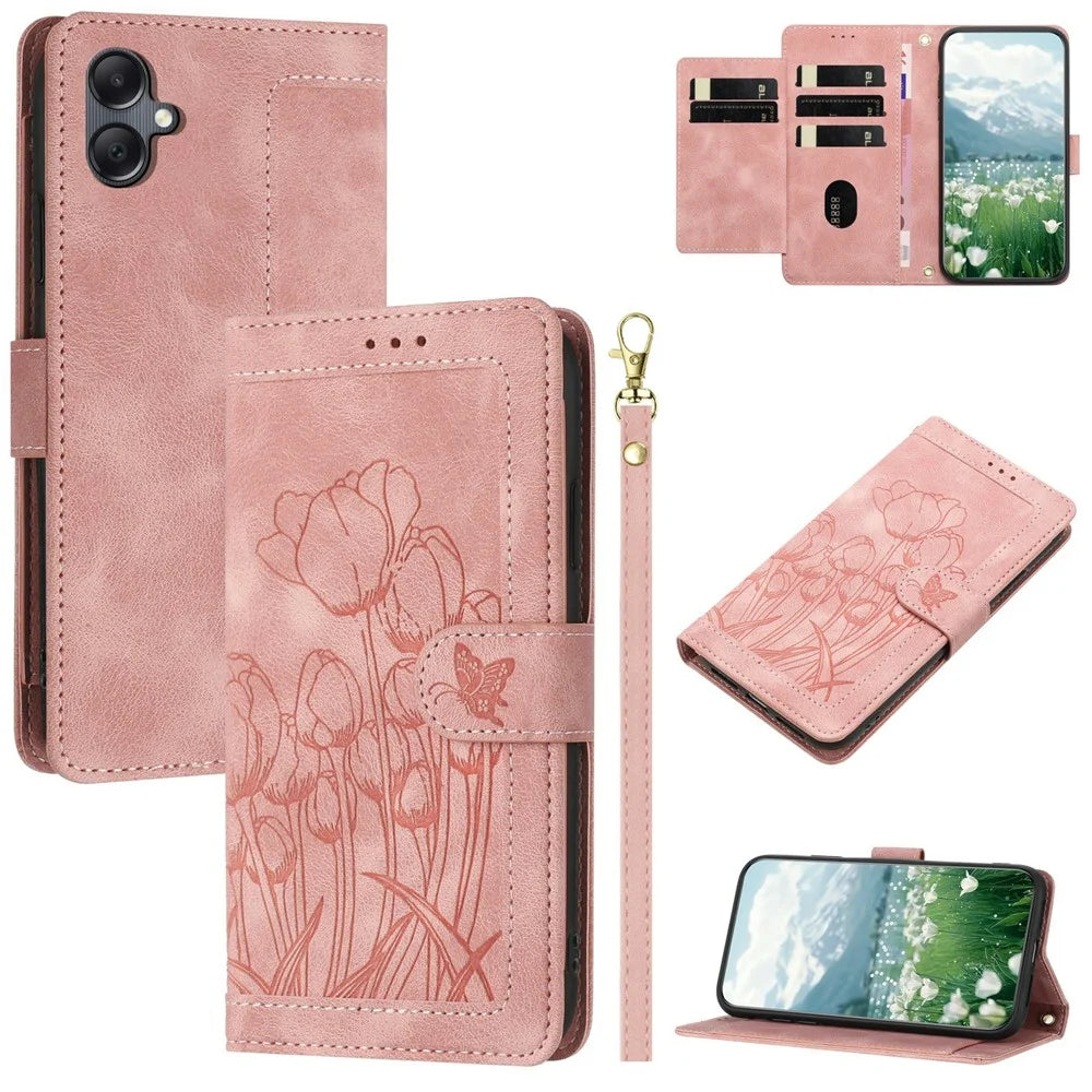For Samsung Galaxy A25e Case Tulip Leather Phone Cover with 5 Card Slots Wallet - Pink - 1