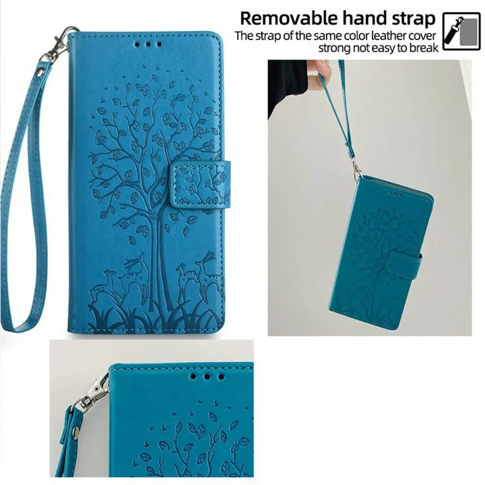 For OnePlus Ace 5 Pro 5G / Ace 5 5G Case PU Leather Wallet Phone Cover Tree Deer Imprinted - Blue - 4