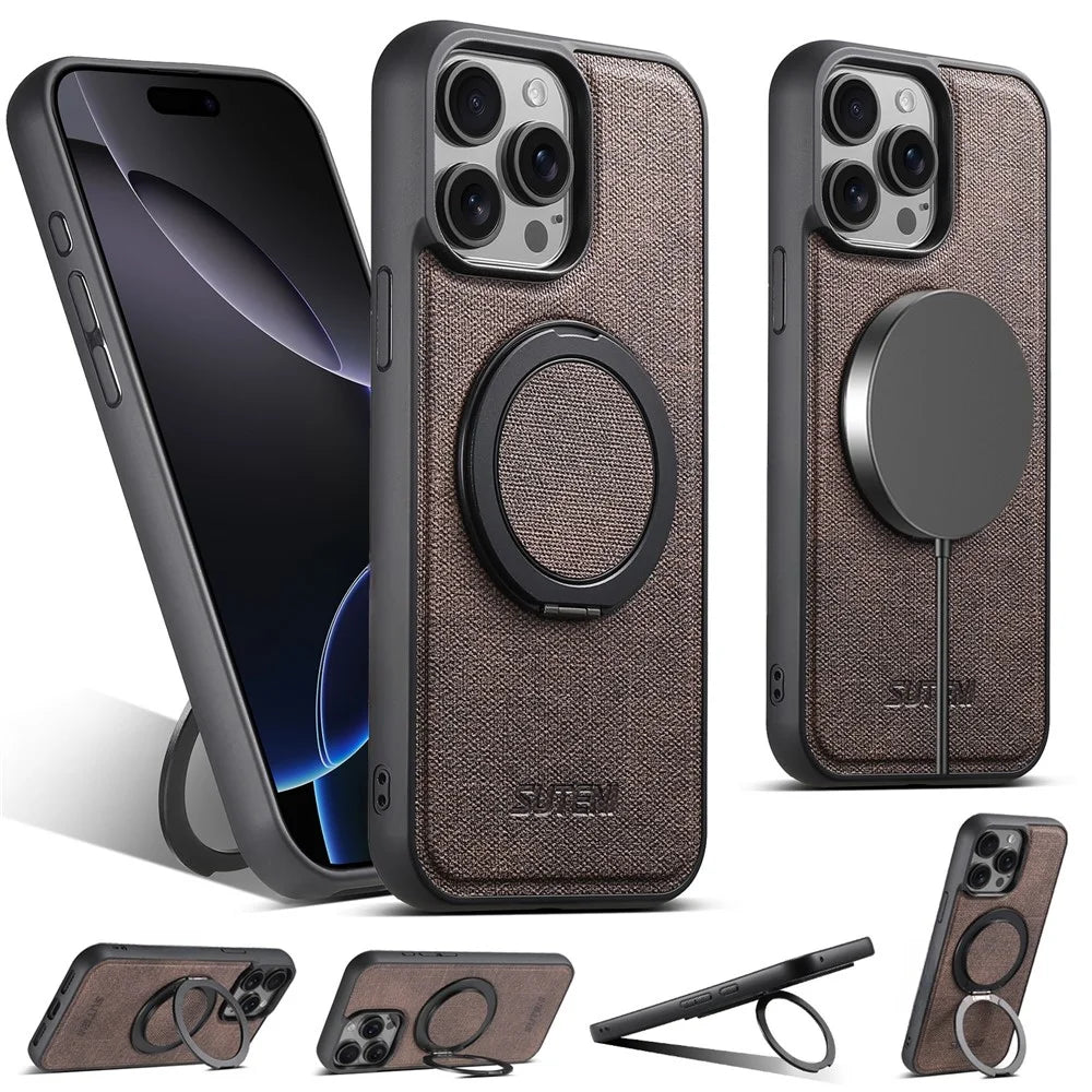 SUTENI G3 For iPhone 14 Pro Max Magnetic Case Rotating Ring Kickstand Jeans Texture PU TPU Phone Back Cover - Brown - 1