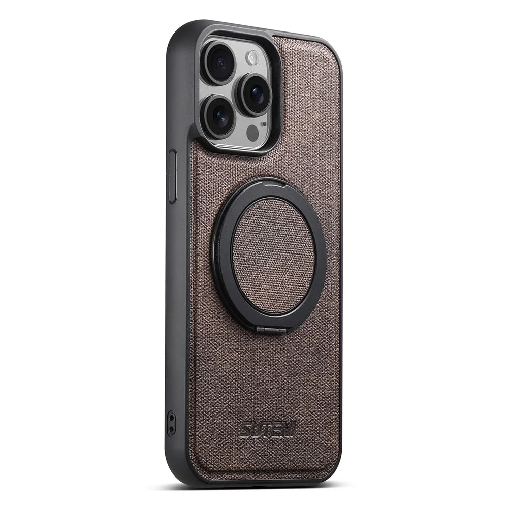SUTENI G3 For iPhone 15 Pro Max Magnetic Case Rotating Ring Kickstand Jeans Texture PU TPU Phone Back Cover - Brown - 2