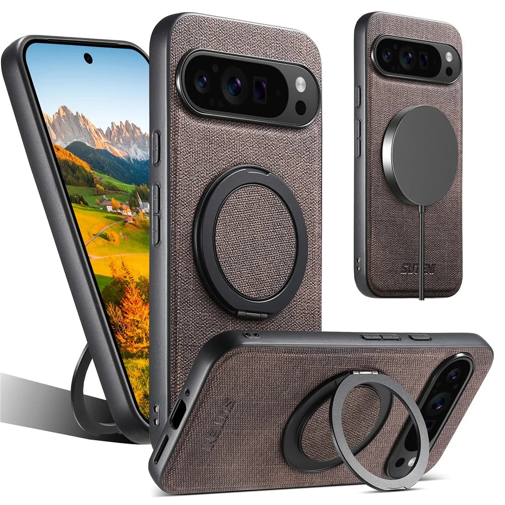 SUTENI G3 For Google Pixel 9 Pro / 9 Magnetic Case Rotating Ring Kickstand Jeans Texture PU TPU Phone Back Cover - Brown - 1