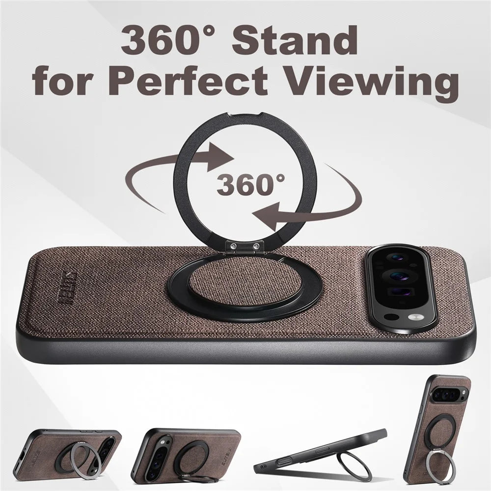 SUTENI G3 For Google Pixel 9 Pro / 9 Magnetic Case Rotating Ring Kickstand Jeans Texture PU TPU Phone Back Cover - Brown - 6
