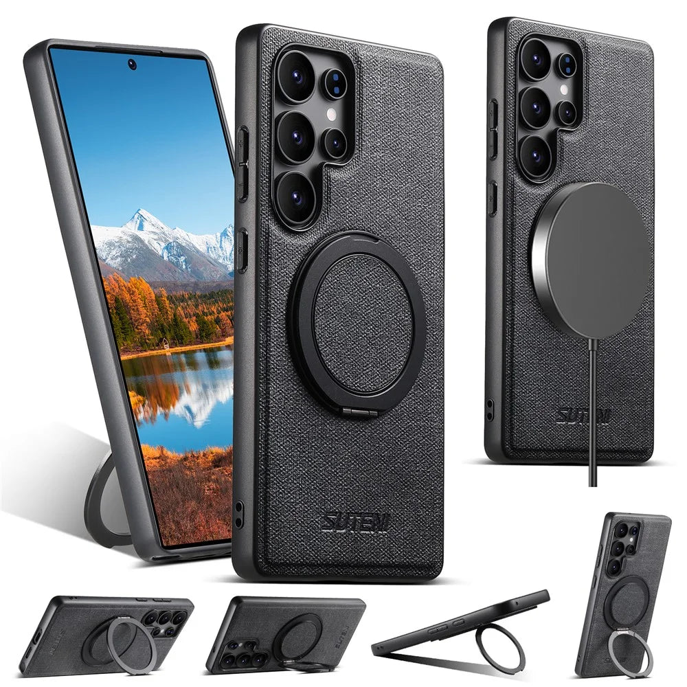SUTENI G3 For Samsung Galaxy S25 Ultra Magnetic Case Rotating Ring Kickstand Jeans Texture PU TPU Phone Back Cover - Black - 1