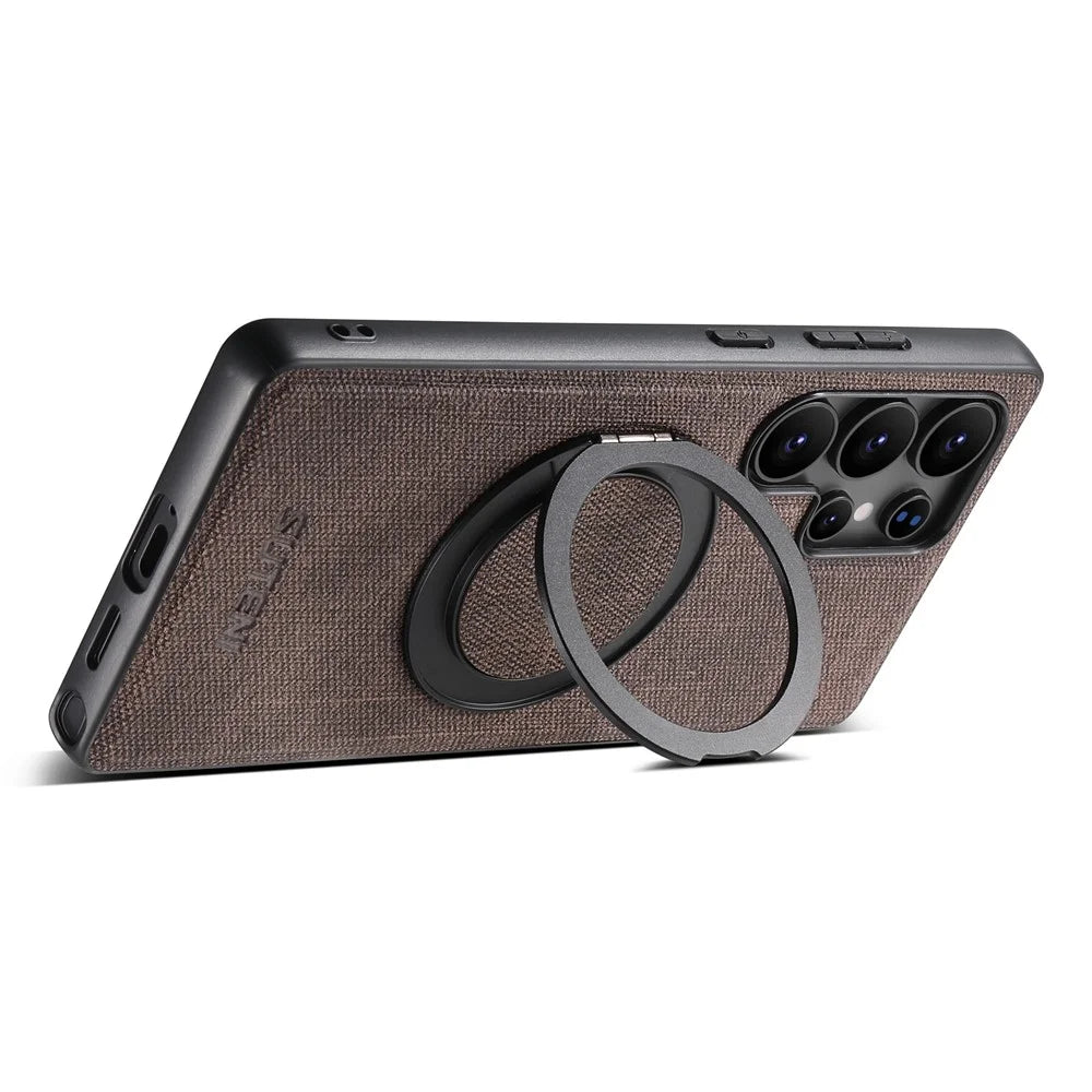 SUTENI G3 For Samsung Galaxy S22 Ultra 5G Magnetic Case Rotating Ring Kickstand Jeans Texture PU TPU Phone Back Cover - Brown - 4