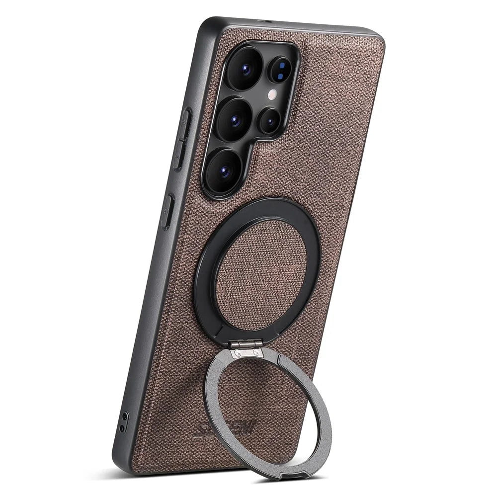 SUTENI G3 For Samsung Galaxy S22 Ultra 5G Magnetic Case Rotating Ring Kickstand Jeans Texture PU TPU Phone Back Cover - Brown - 5