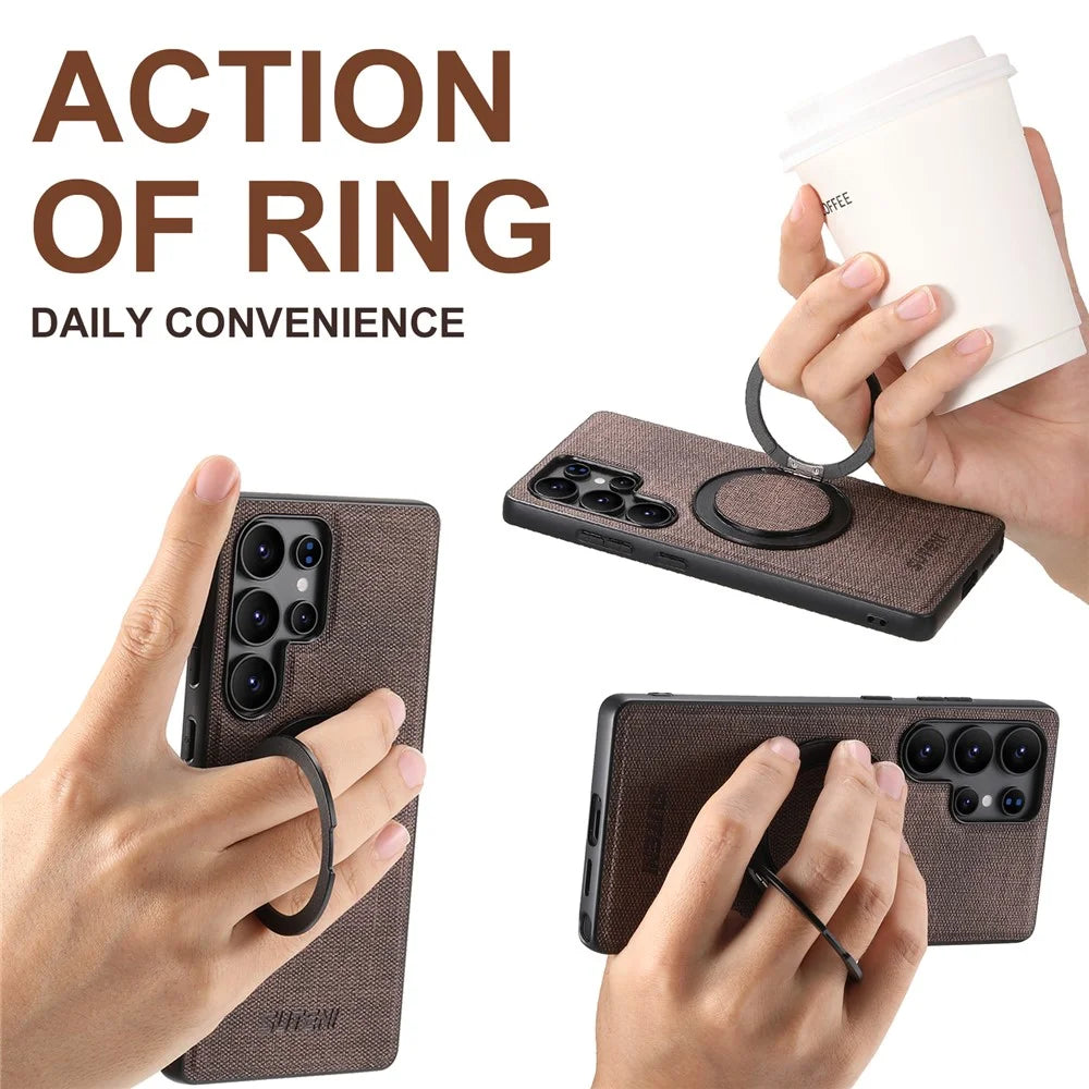SUTENI G3 For Samsung Galaxy S22 Ultra 5G Magnetic Case Rotating Ring Kickstand Jeans Texture PU TPU Phone Back Cover - Brown - 6