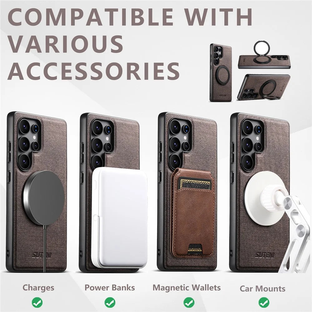 SUTENI G3 For Samsung Galaxy S22 Ultra 5G Magnetic Case Rotating Ring Kickstand Jeans Texture PU TPU Phone Back Cover - Brown - 7