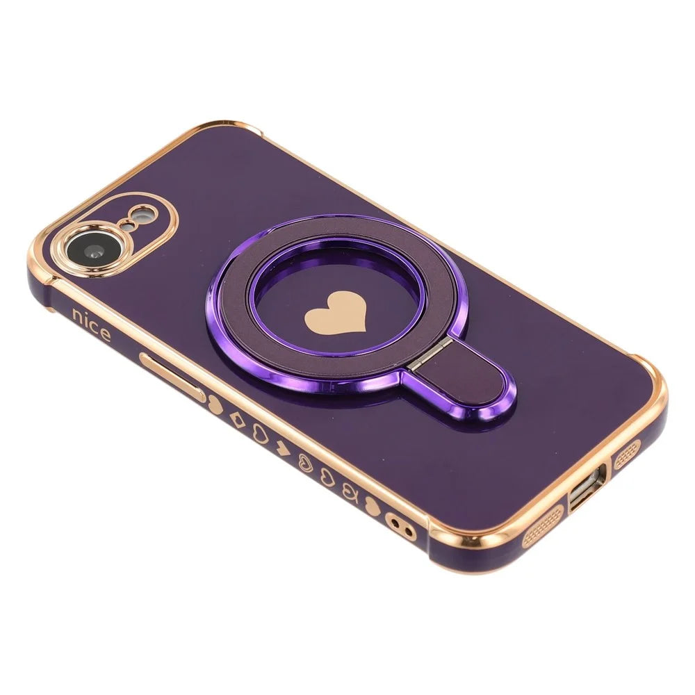 For iPhone 17e / 16e Case Kickstand Electroplating Love Printing TPU Back Cover - Dark Purple - 6