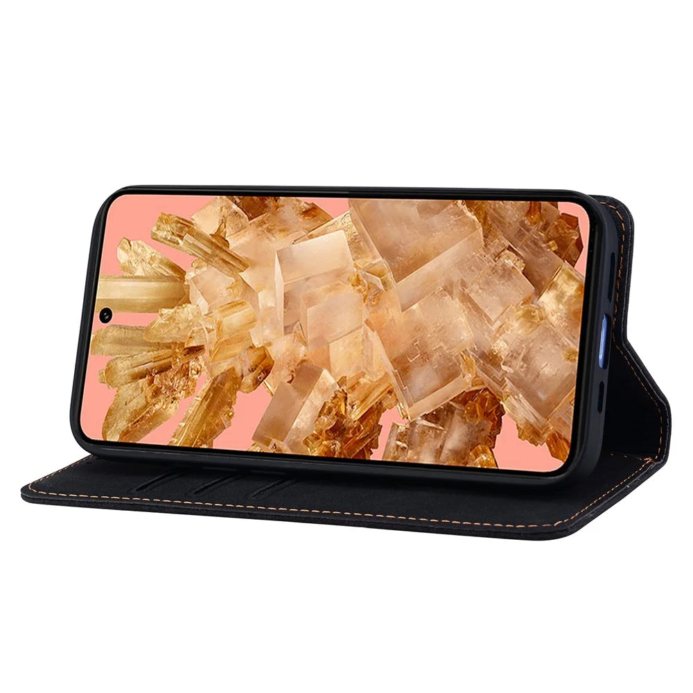 For Google Pixel 8 Pro Case Lines Pattern Wallet Leather Phone Cover with Strap - Black - 4