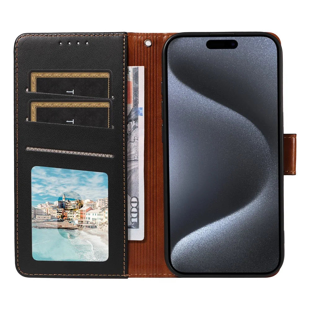 For iPhone 17e / 16e Case RFID Blocking Leather Wallet Flip Phone Cover with Wrist Strap - Black - 2