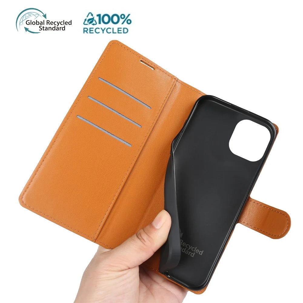 For iPhone 14 Stand Case Biobased Eco-Friendly RPET RPVB Slim Phone Cover with Wallet - Orange - 5