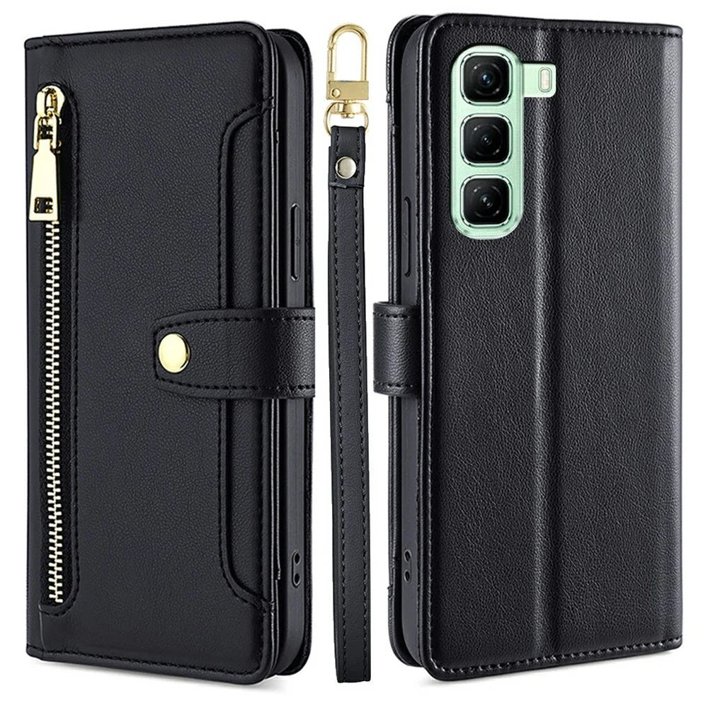 For Infinix Hot 50 5G Leather Case Zipper Pocket Wallet Phone Cover with 2 Straps - Black - 1