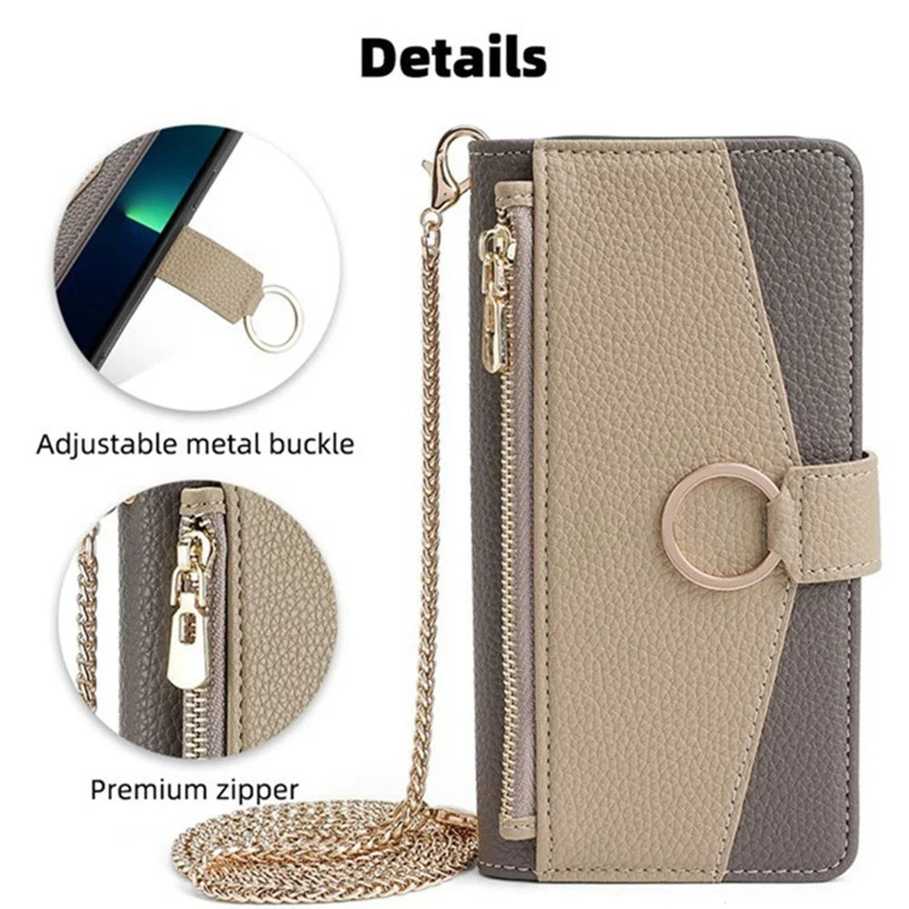 For itel A50C Case Mirror Wallet Leather Phone Cover with Chain Shoulder Strap - Grey - 7