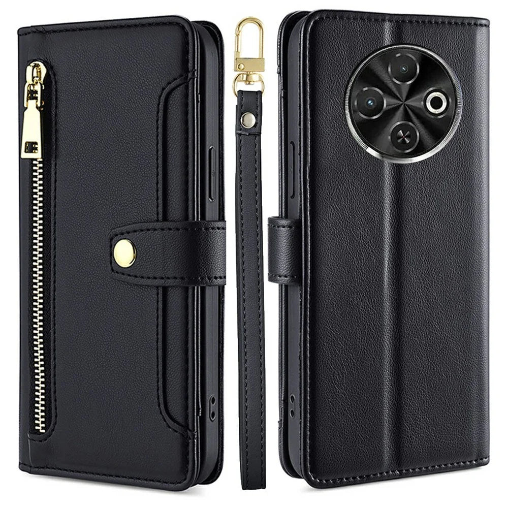 For TECNO Spark 30C 4G Leather Case Zipper Pocket Wallet Phone Cover with 2 Straps - Black - 1