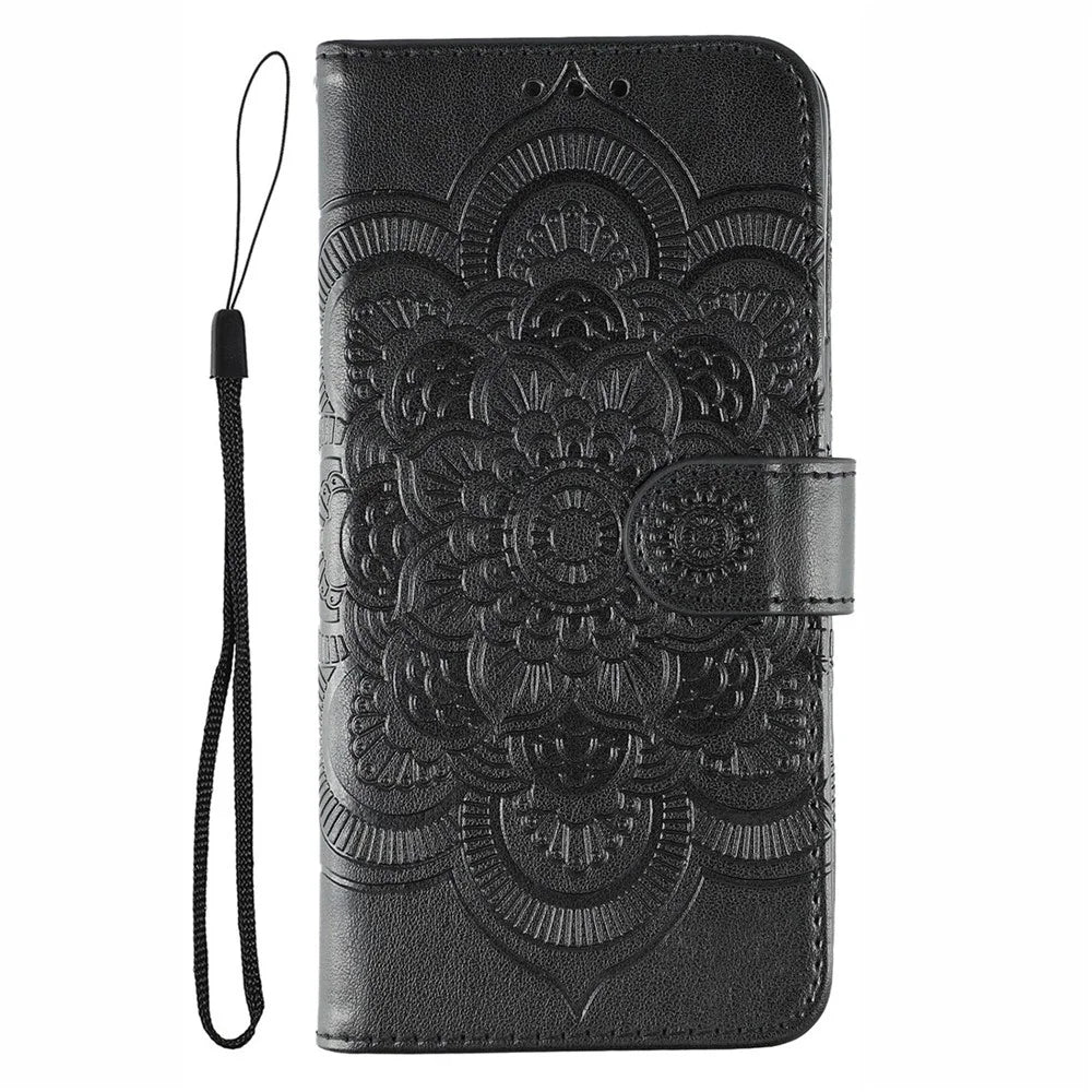 For Samsung Galaxy S25 Edge Case PU Leather Mandala Imprinted Design Wallet Phone Cover - Black - 4