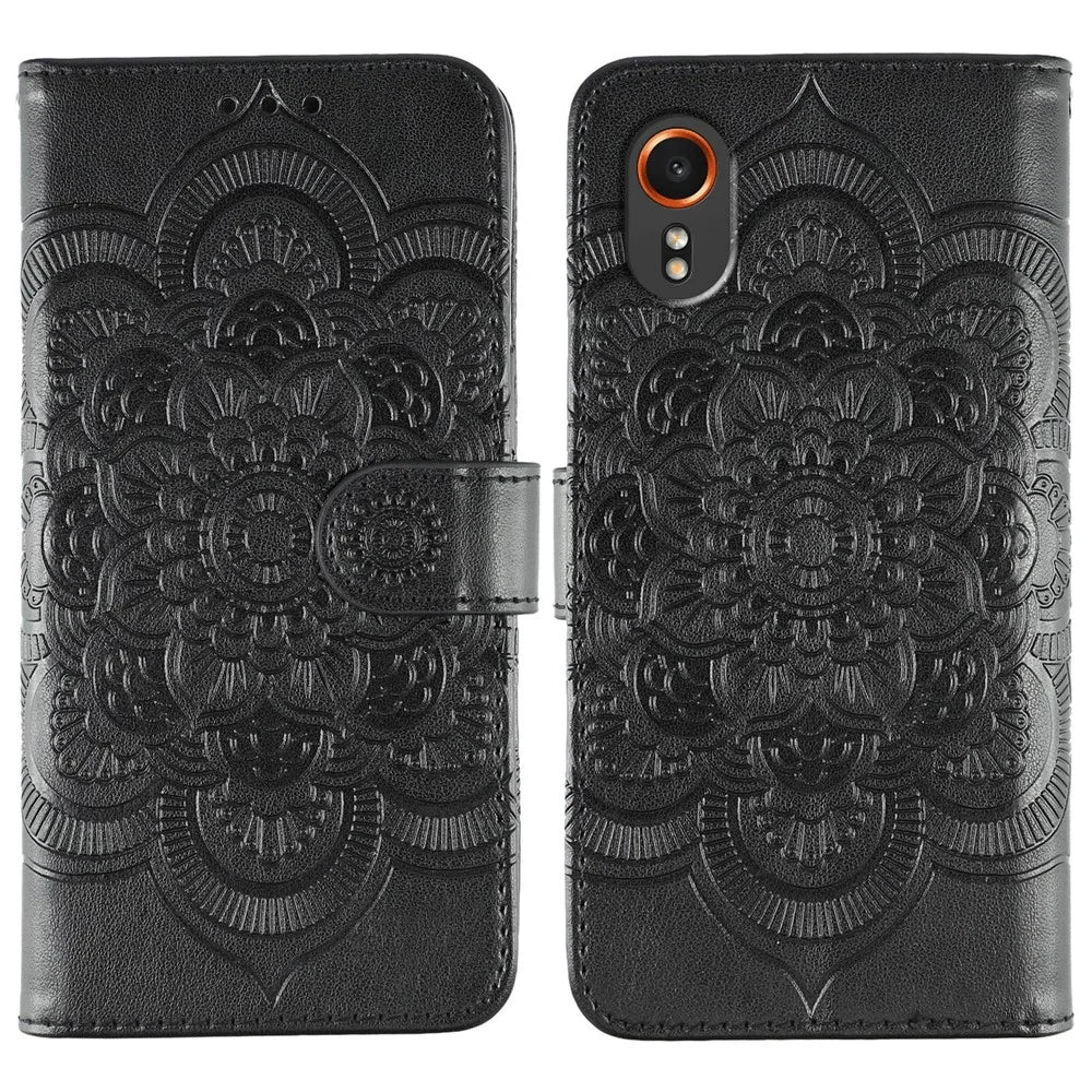 For Samsung Galaxy Xcover7 Case PU Leather Mandala Imprinted Design Wallet Phone Cover - Black - 1