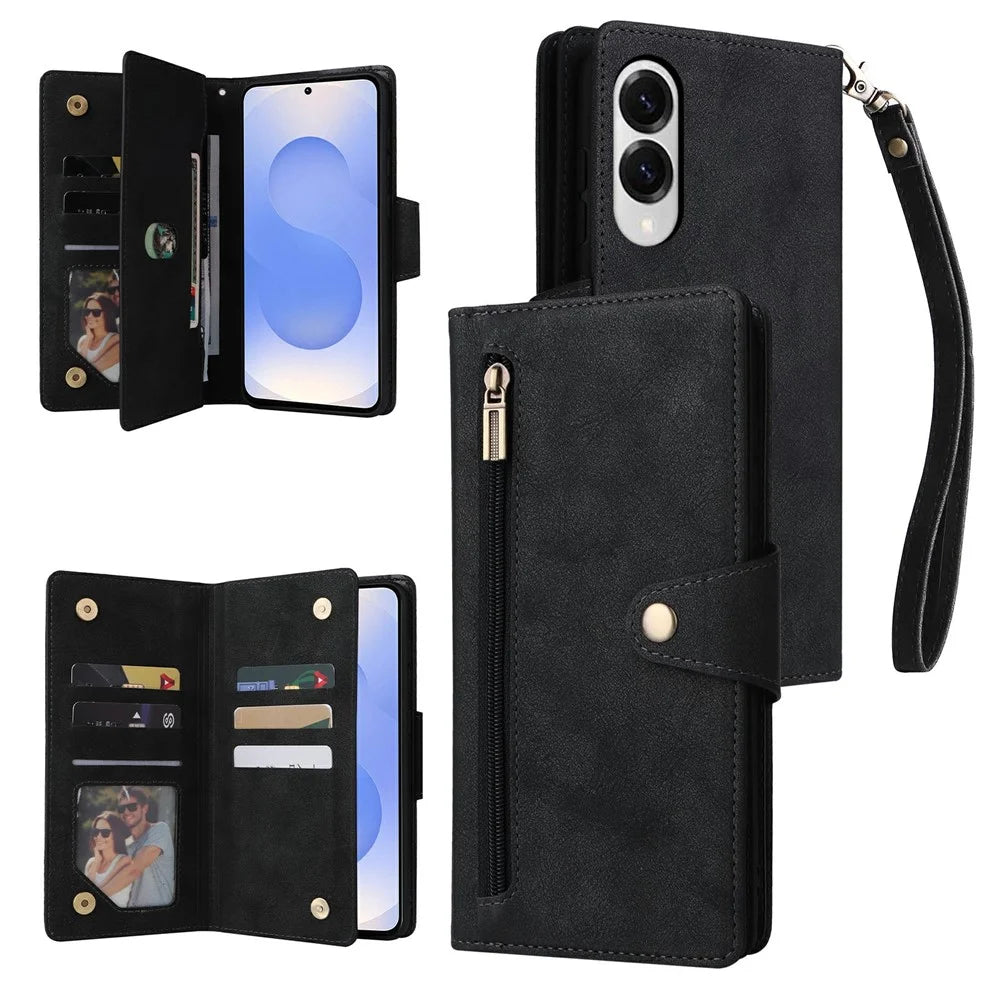 For Samsung Galaxy S25 Edge Case Zipper Wallet Leather Stand Phone Cover Rivet Decor - Black - 1