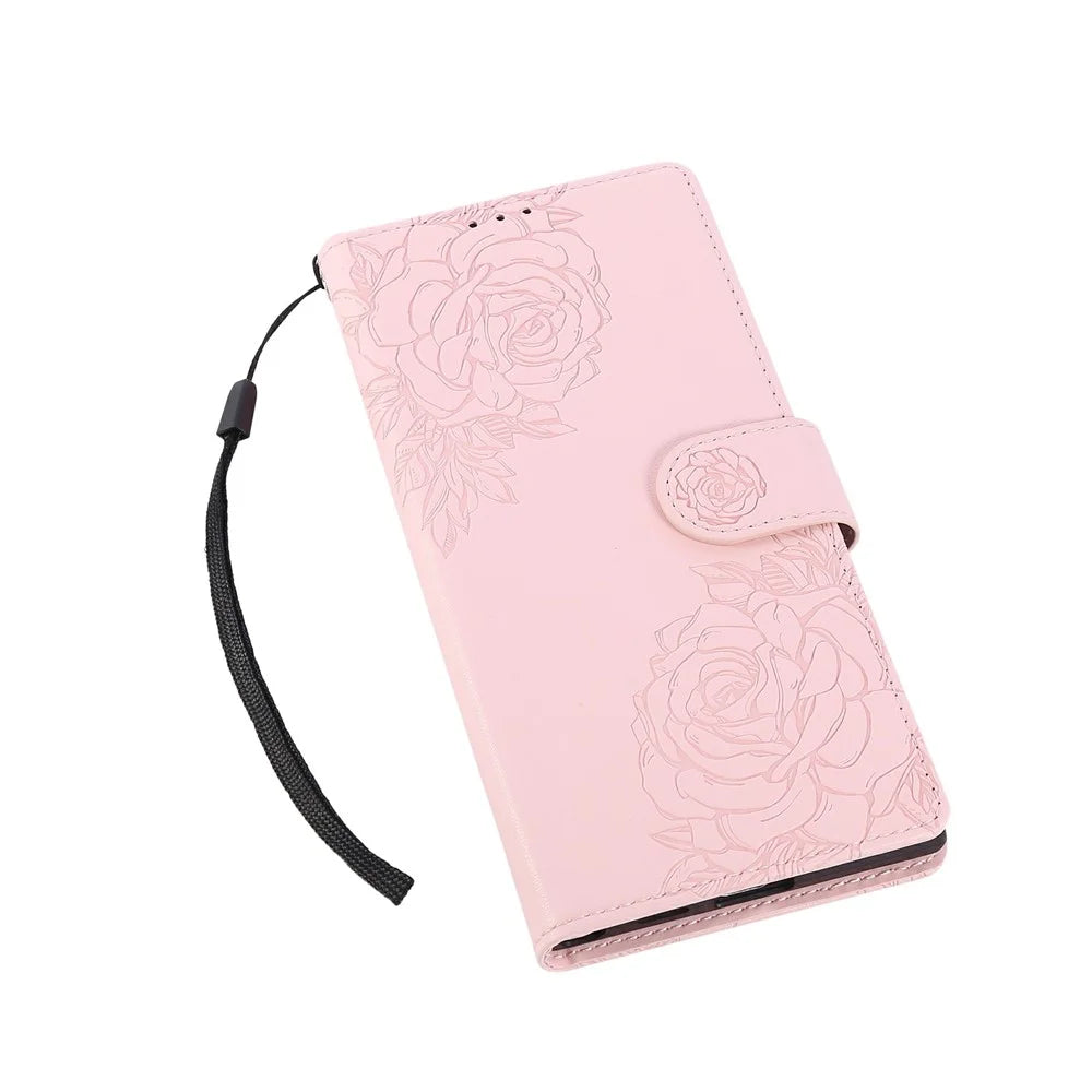 For Samsung Galaxy S24 Ultra Case Rose Flower PU Leather Wallet Phone Cover with 3 Card Slots - Rose Gold - 5