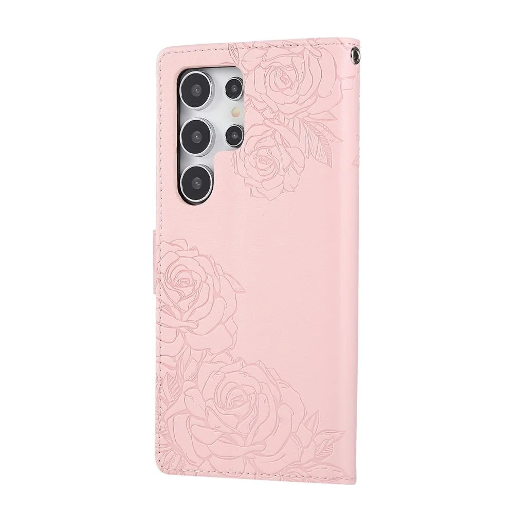 For Samsung Galaxy S24 Ultra Case Rose Flower PU Leather Wallet Phone Cover with 3 Card Slots - Rose Gold - 7