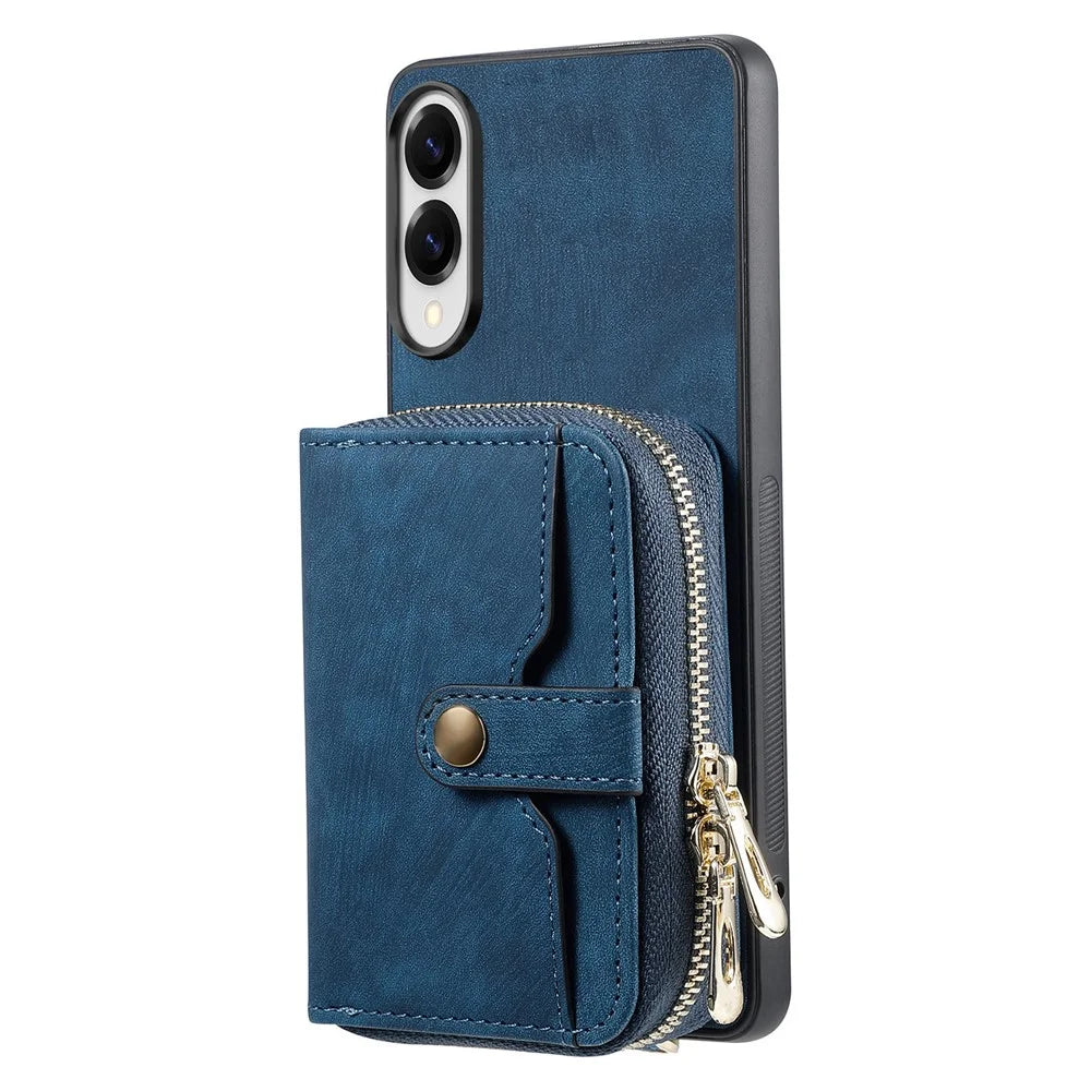 For Samsung Galaxy S25 Edge PU Leather Phone Back Cover with Zipper Card Holder and Long Strap - Blue - 3