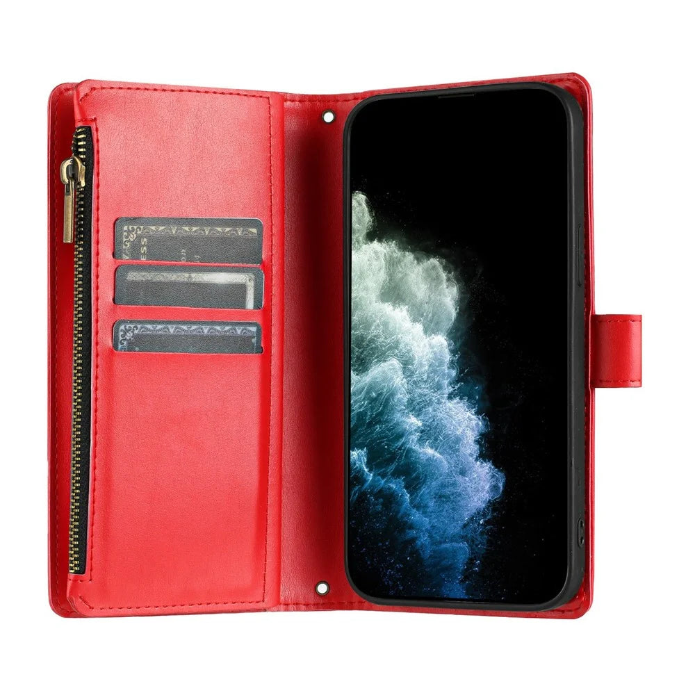 For iPhone 17e / 16e Leather Case Zipper Wallet Stand Shockproof Phone Cover with Wrist Strap - Red - 2