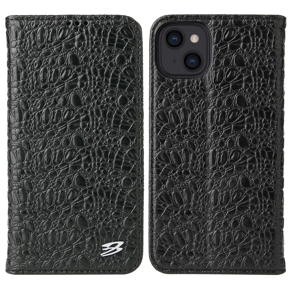 Auto-absorbed Magnetic Phone Case For iPhone 14, Drop-proof Top Layer Cowhide Leather Crocodile Texture Cell Phone Wallet Cover - Black - 1