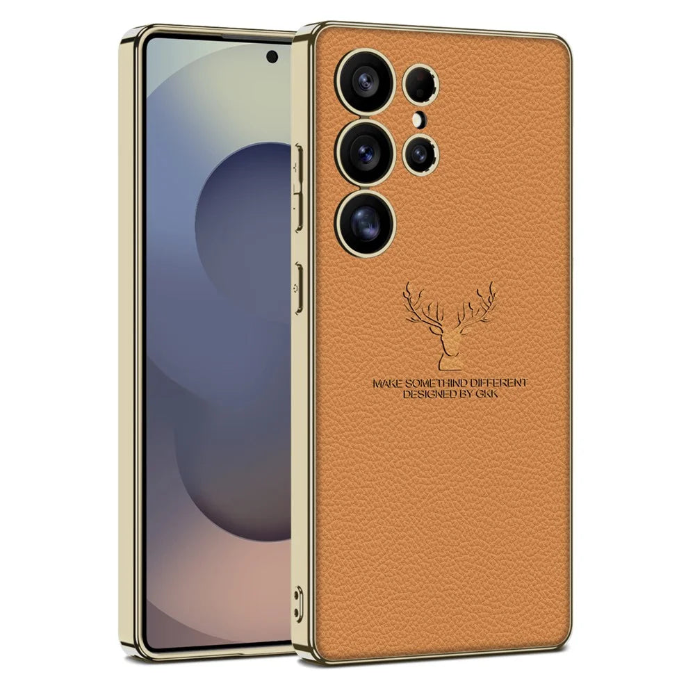GKK For Samsung Galaxy S25 Ultra Case Deer Pattern Electroplating TPU + PC + PU Phone Back Cover - Orange - 1