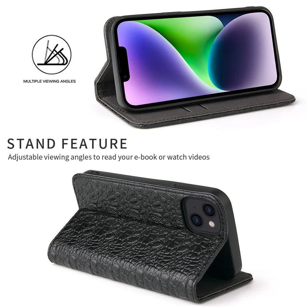 For iPhone 14 Plus Auto-absorbed Magnetic Phone Case Wallet Stand Anti-scratch Top Layer Cowhide Leather Crocodile Texture Cell Phone Cover - Black - 2