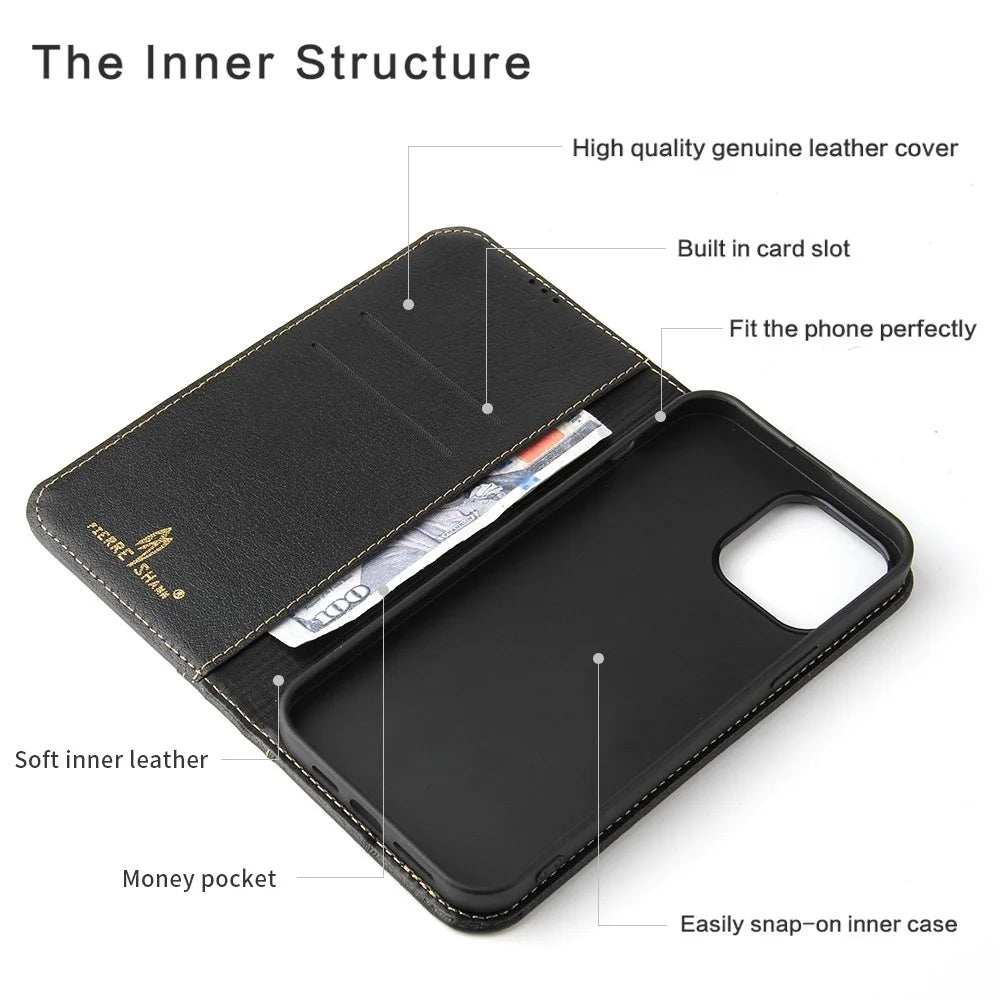 FIERRE SHANN Phone Case for iPhone 14 Pro, Top Layer Cowhide Leather Wallet Stand Shockproof Cell Phone Cover - Black - 3