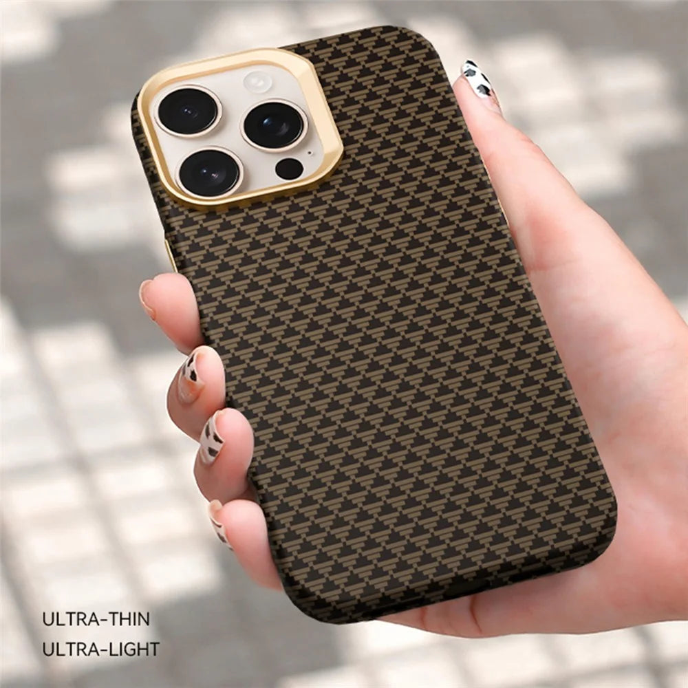 GKK BTGD For iPhone 16 Pro Max Case Woven Texture Compatible with MagSafe Metal + PC Phone Back Cover - Gold - 3