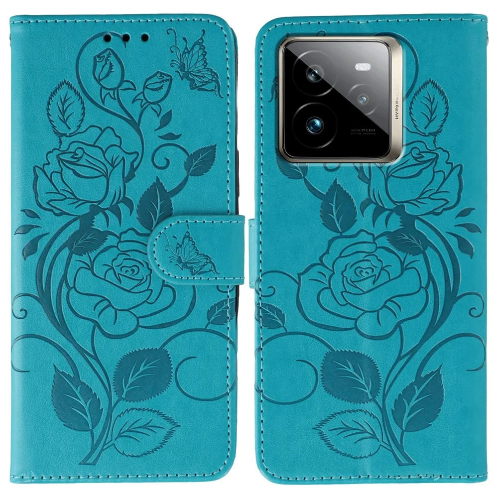 For Realme GT 7 Pro 5G Case Wallet Stand Imprinted Rose Butterfly PU Leather Phone Cover - Blue - 1